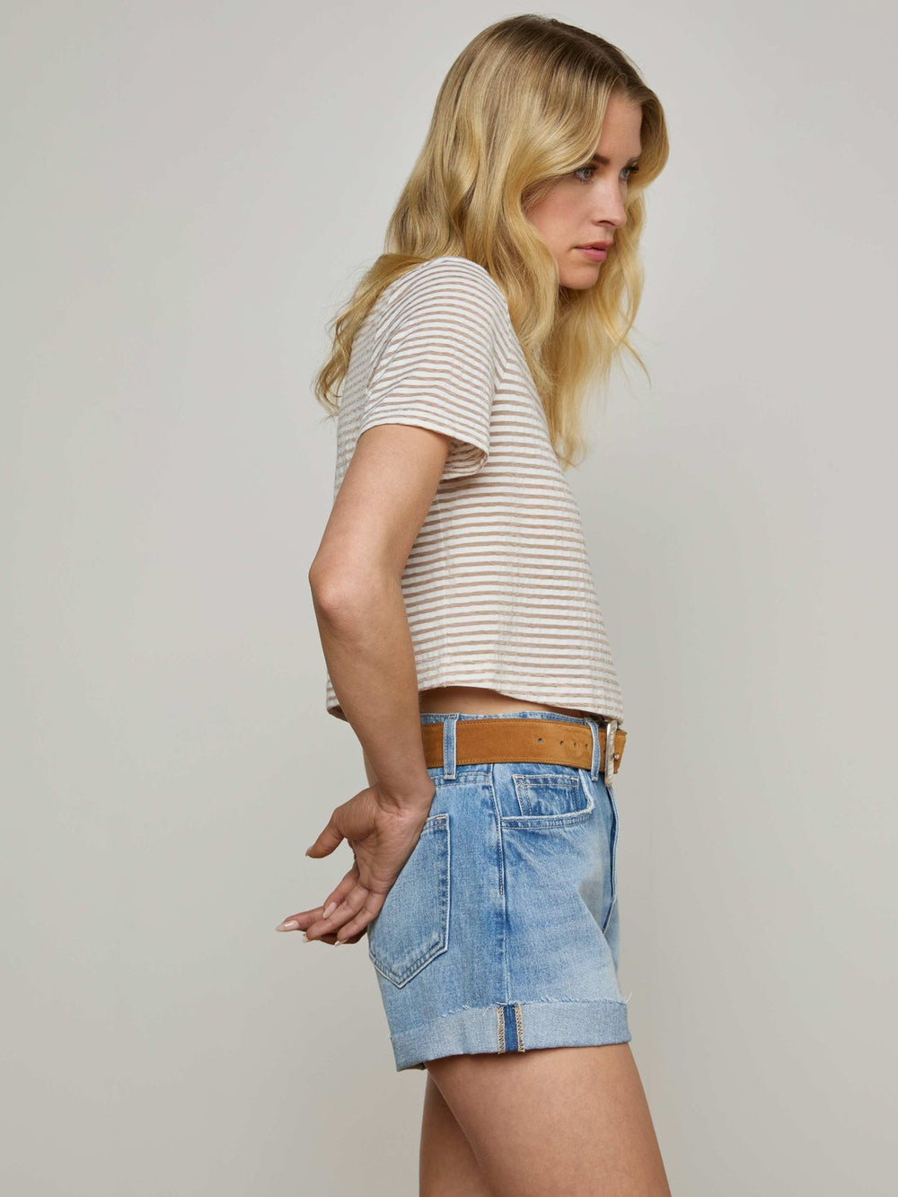 Donna Cropped Tee in White/Rye Stripe | L'AGENCE for sale