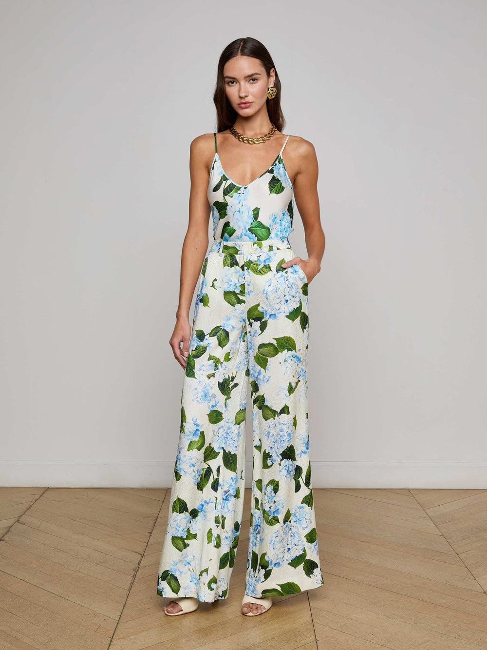 Pilar Pant in Ivory/Light Blue Large Hydrangea | L'AGENCE for sale