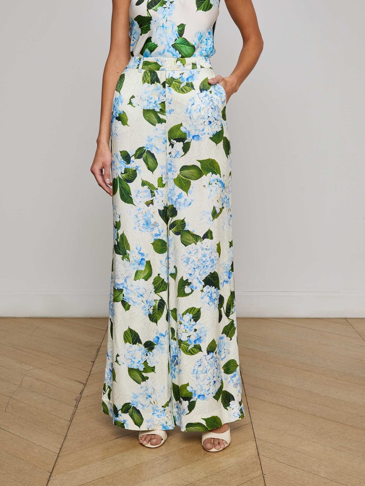 Pilar Pant in Ivory/Light Blue Large Hydrangea | L'AGENCE for sale