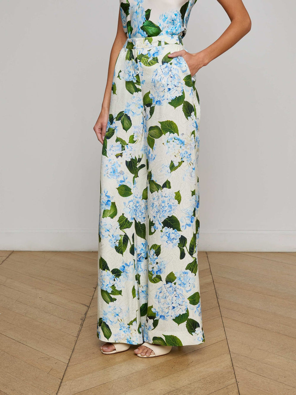 Pilar Pant in Ivory/Light Blue Large Hydrangea | L'AGENCE for sale