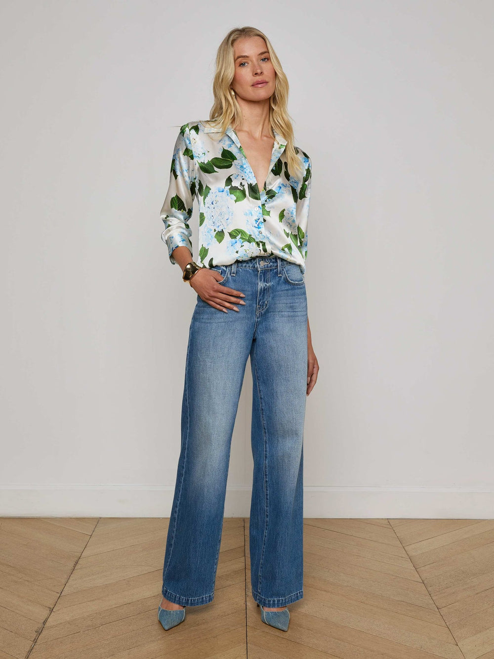 Dani Silk Blouse in Ivory/Light Blue Hydrangea | L'AGENCE online