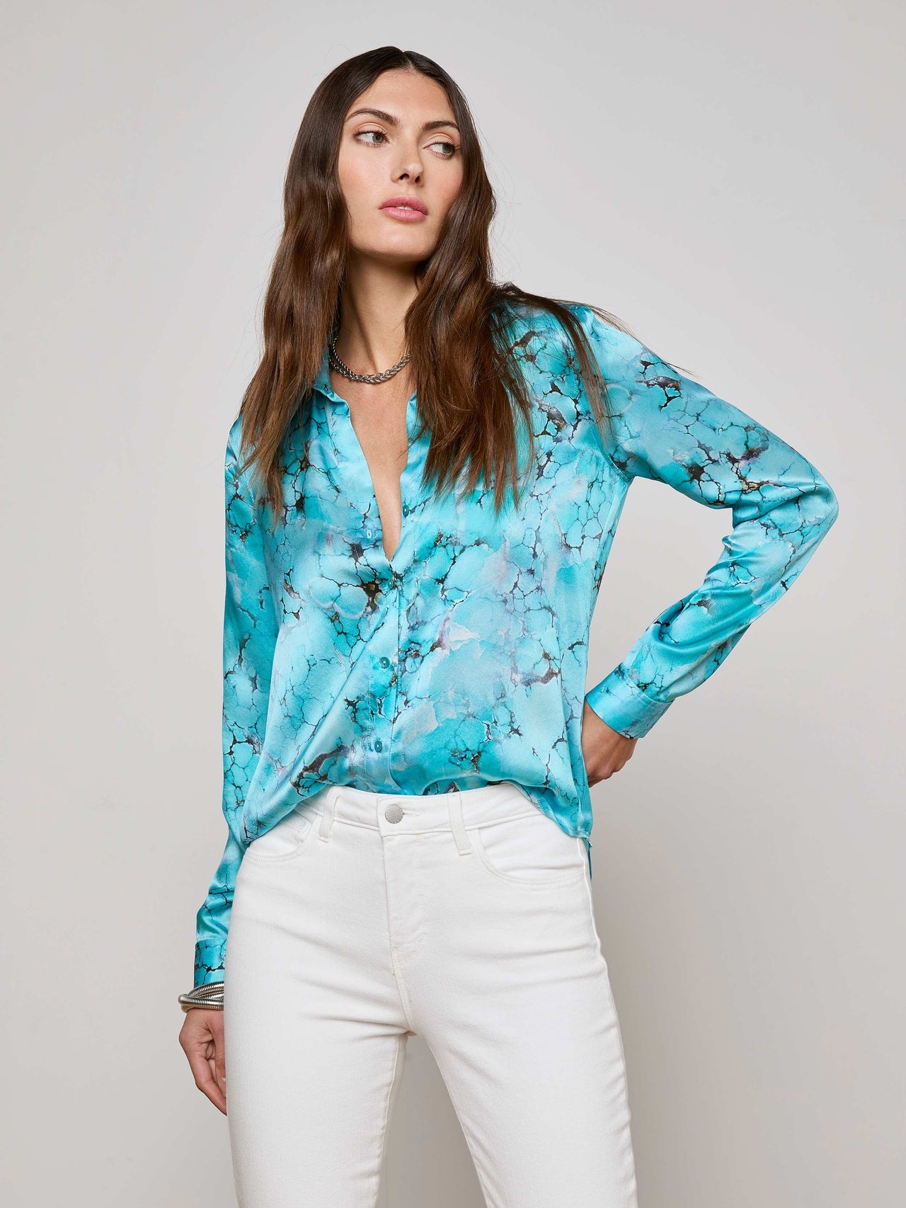 Tyler Silk Blouse in Multi Turquoise Stone | L'AGENCE discount