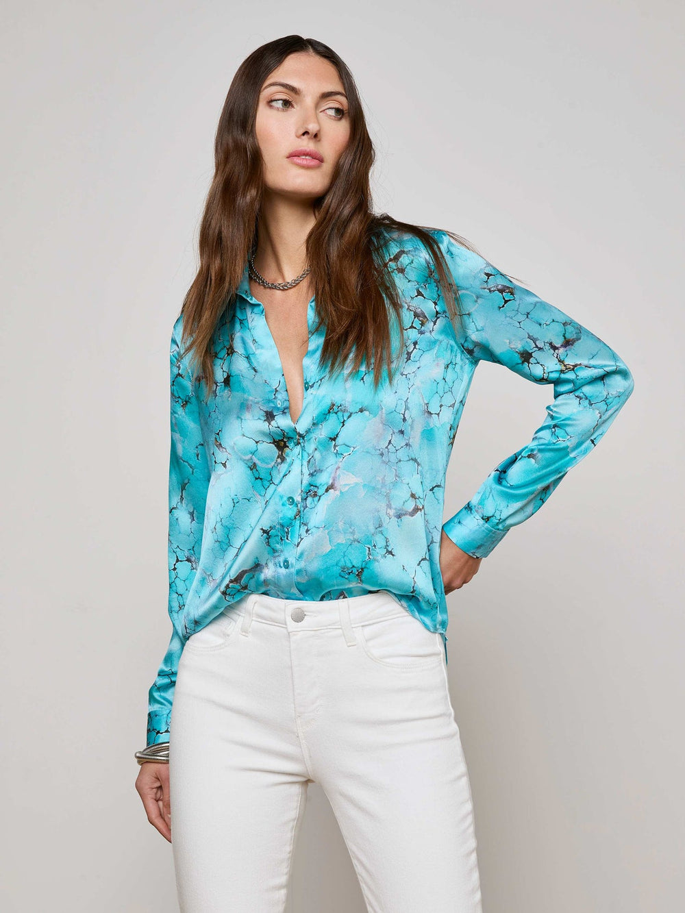 Tyler Silk Blouse in Multi Turquoise Stone | L'AGENCE discount