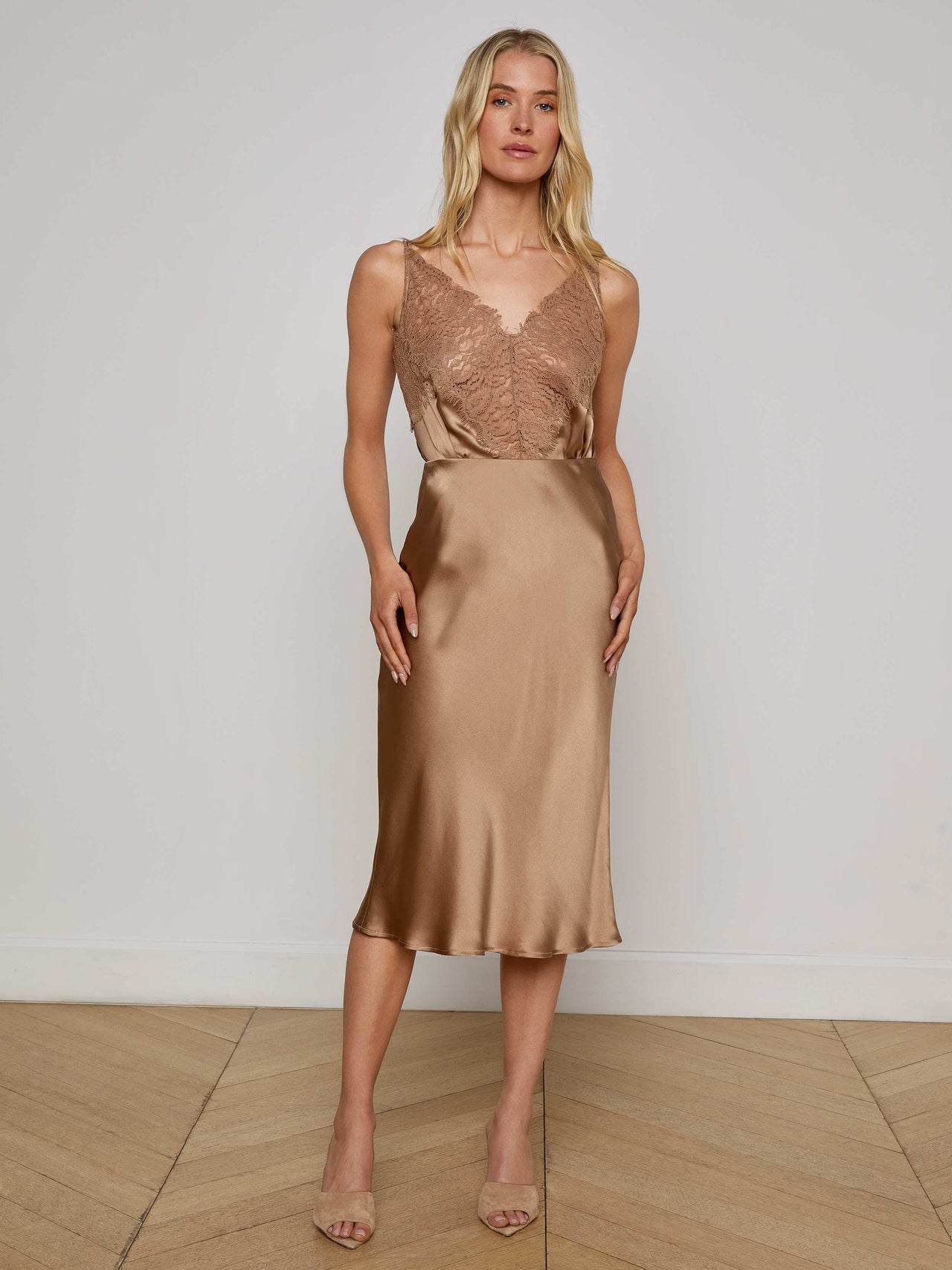 Perin Silk Midi Skirt in Dark Cappuccino | L'AGENCE for sale