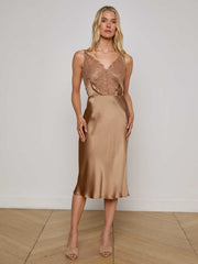 Perin Silk Midi Skirt in Dark Cappuccino | L'AGENCE for sale