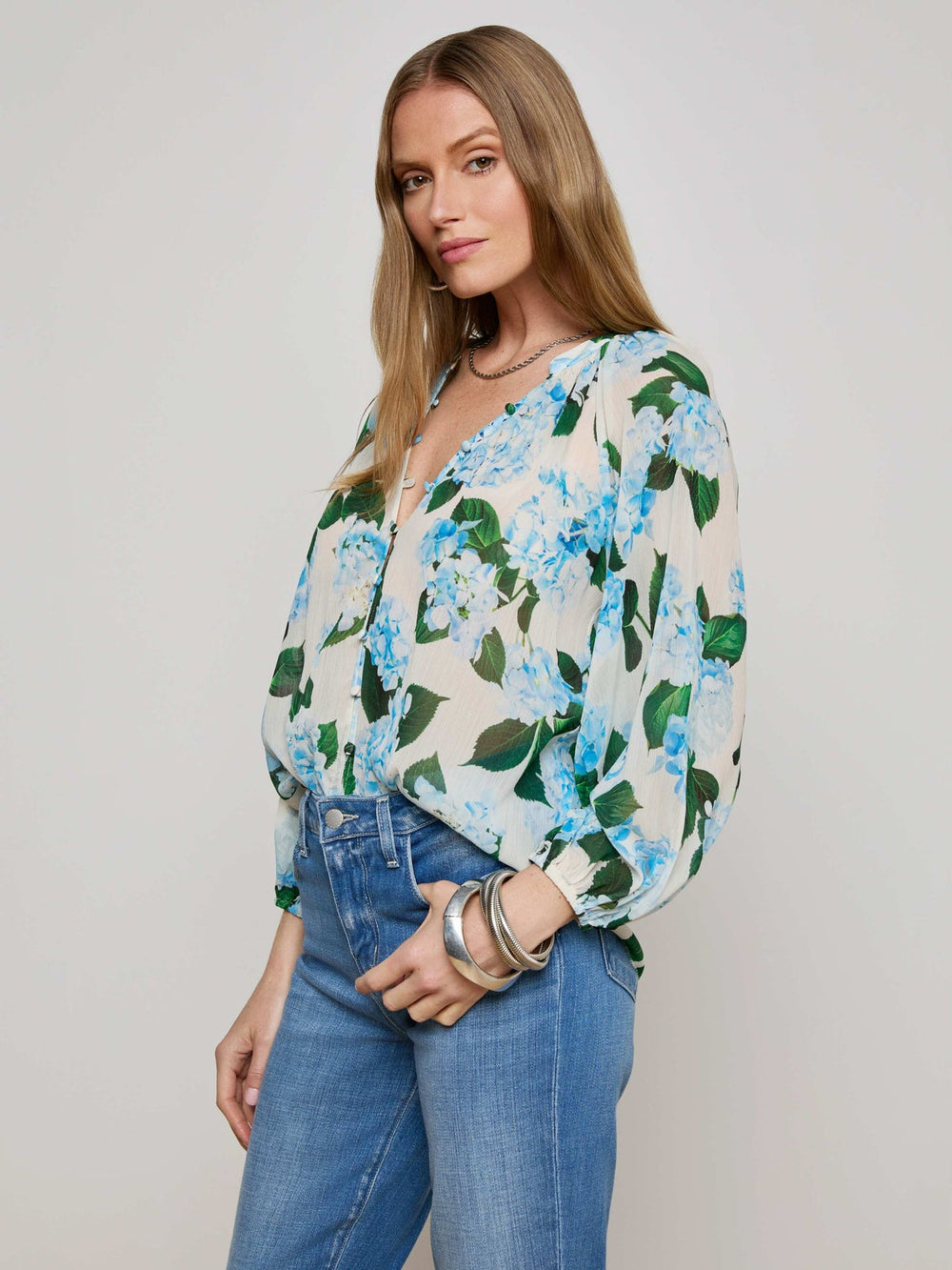 Teagan Blouse in Ivory/Light Blue Hydrangea | L'AGENCE near me