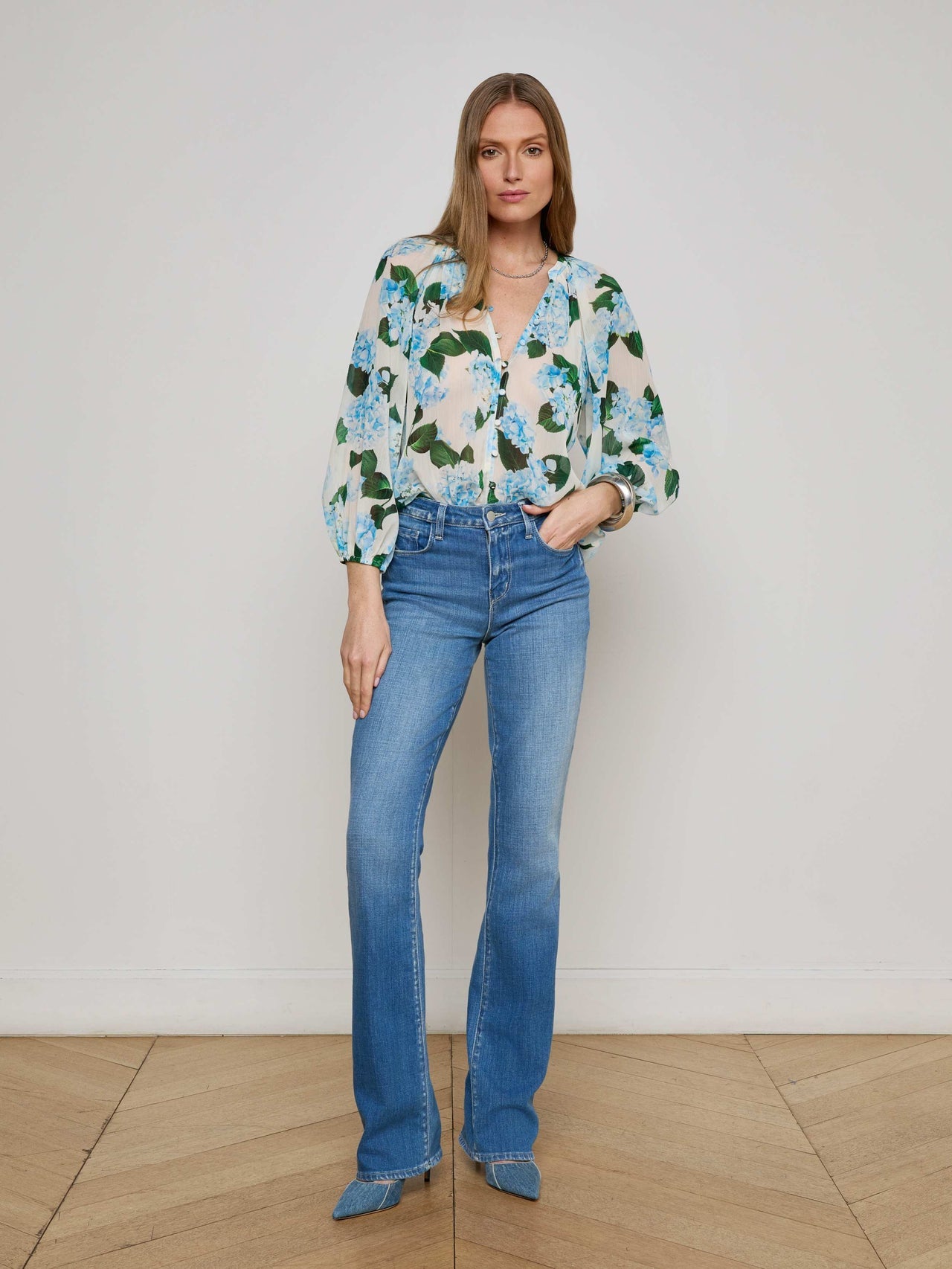 Teagan Blouse in Ivory/Light Blue Hydrangea | L'AGENCE near me