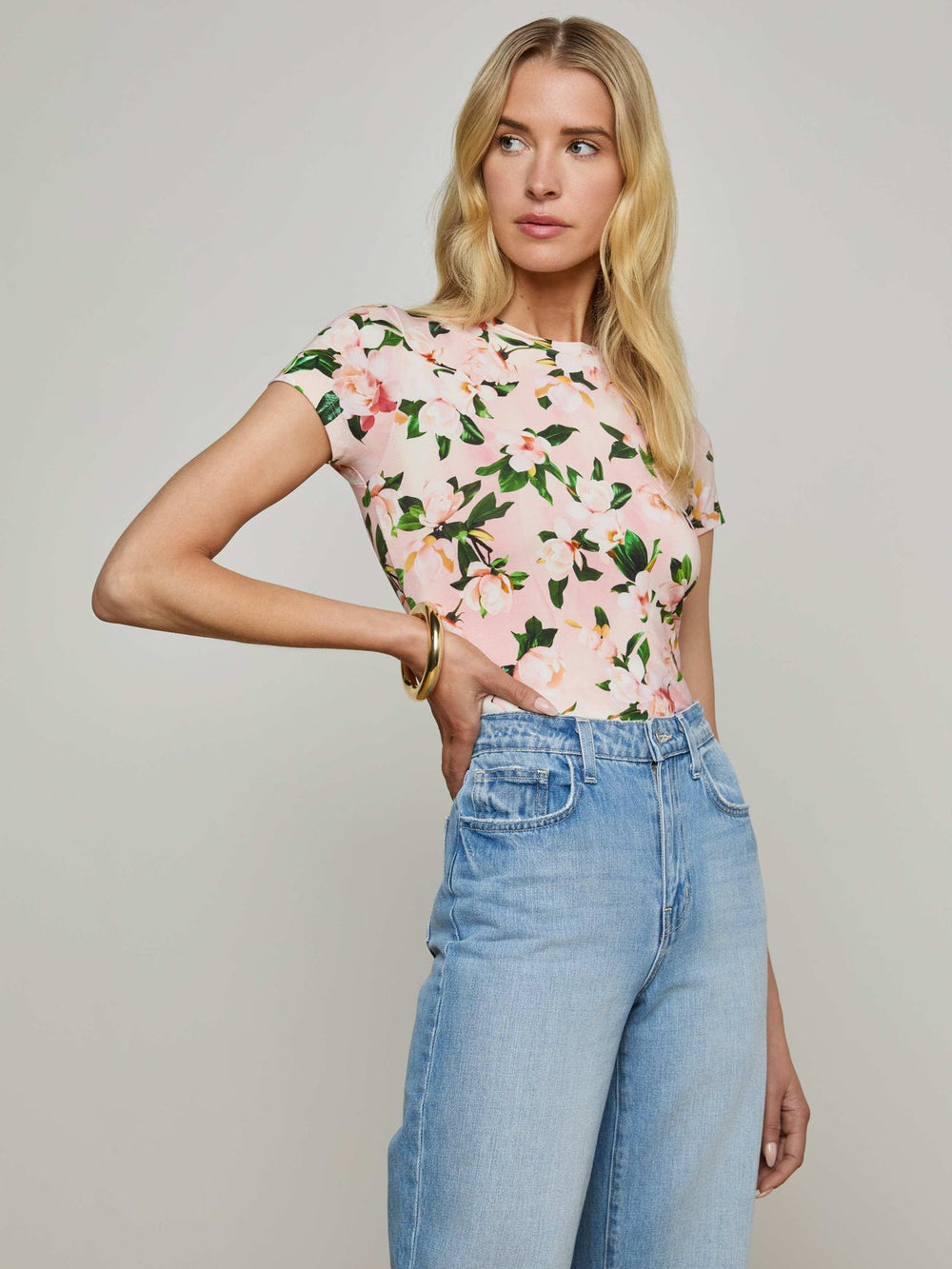Ressi Fitted Tee in Pink Multi Magnolia Floral | L'AGENCE online