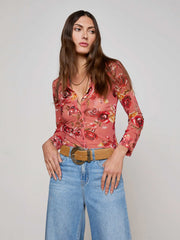 Indiana Mesh Blouse in Light Coral Multi Western Rose Print | L'AGENCE US