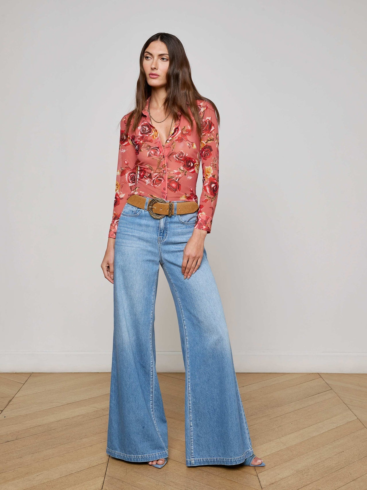 Indiana Mesh Blouse in Light Coral Multi Western Rose Print | L'AGENCE US
