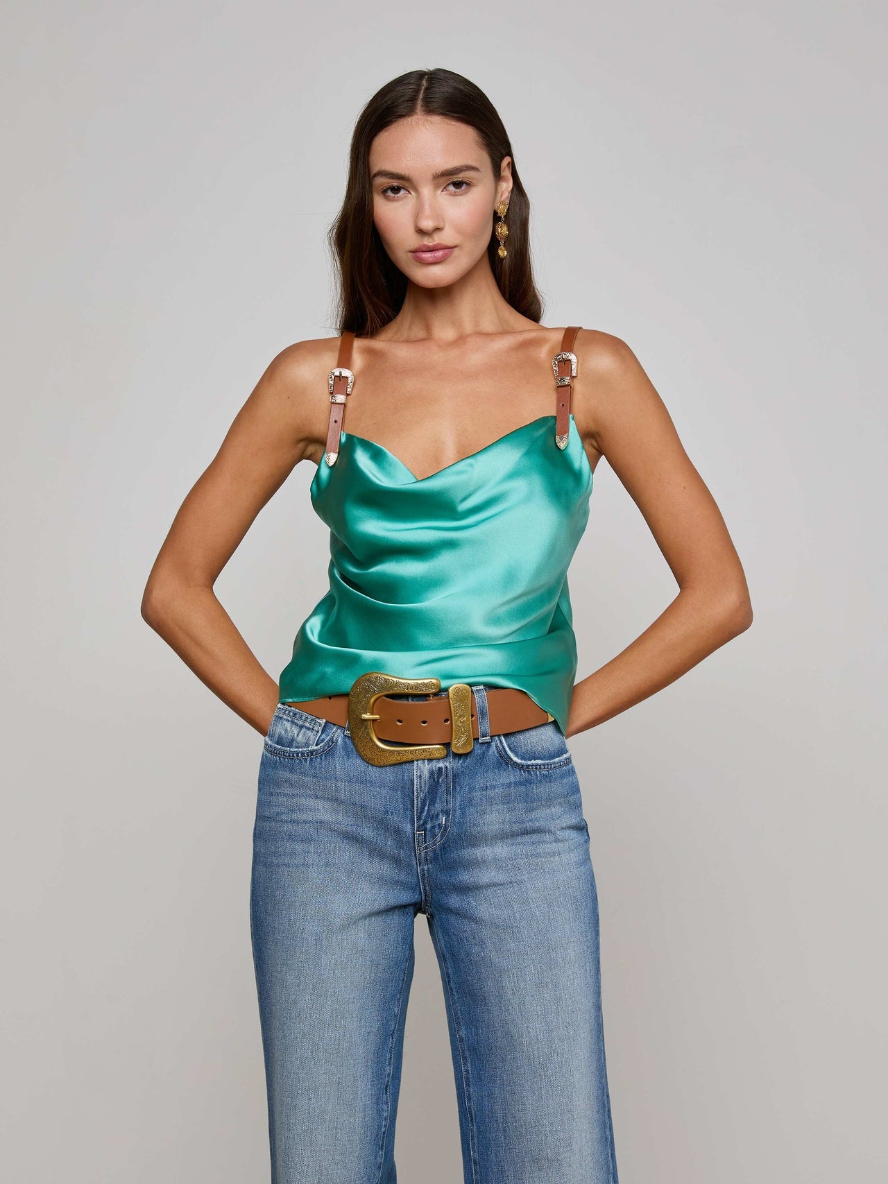 Lux Silk Buckle-Strap Camisole in Sage Lagoon | L'AGENCE Women