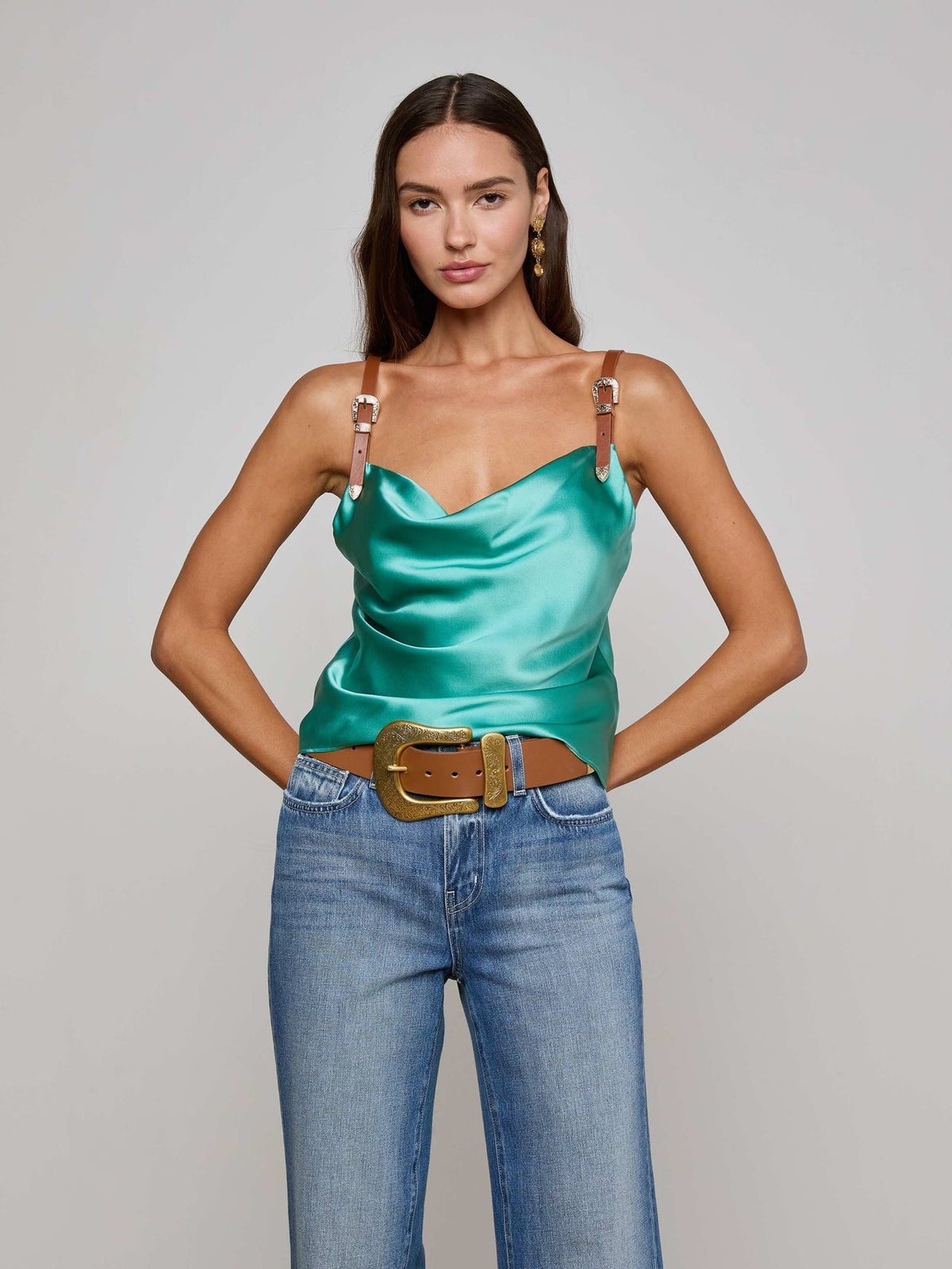 Lux Silk Buckle-Strap Camisole in Sage Lagoon | L'AGENCE Women