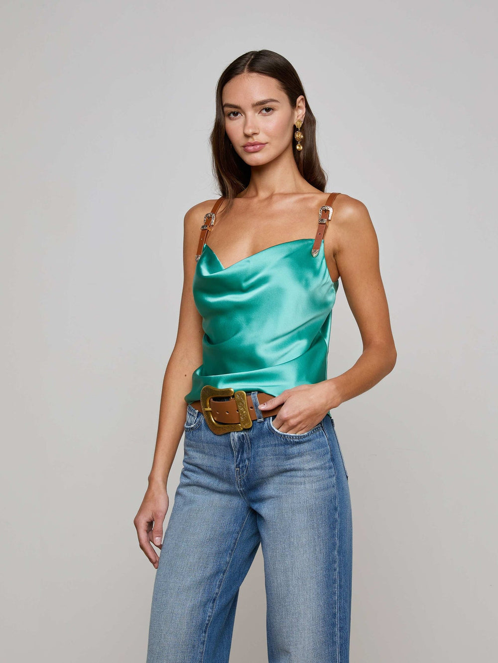 Lux Silk Buckle-Strap Camisole in Sage Lagoon | L'AGENCE Women