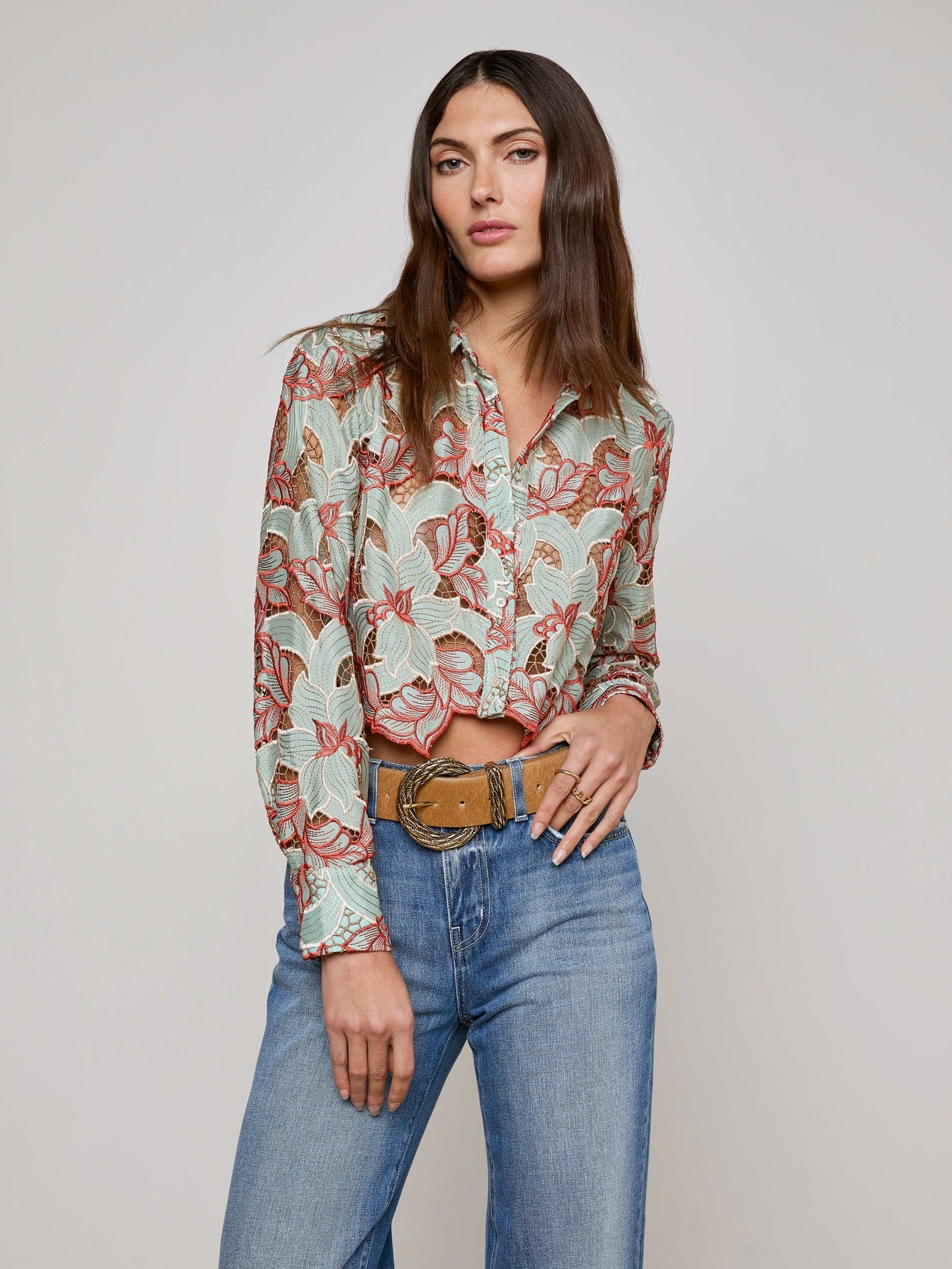 Akemi Cropped Lace Top in Multi Colored Eyelet | L'AGENCE Women