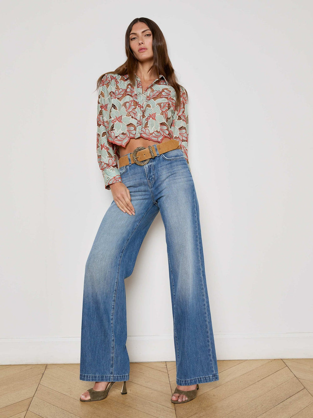 Akemi Cropped Lace Top in Multi Colored Eyelet | L'AGENCE Women