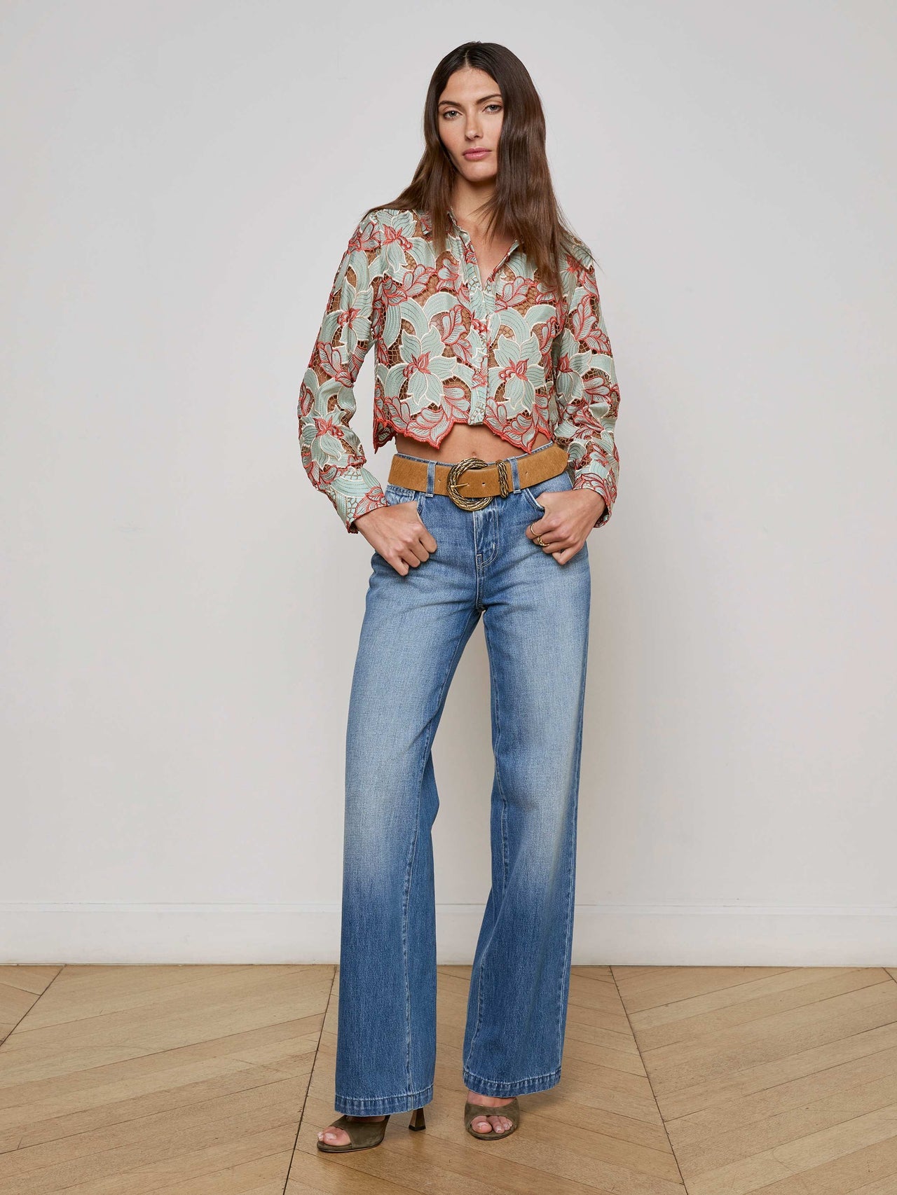 Akemi Cropped Lace Top in Multi Colored Eyelet | L'AGENCE Women