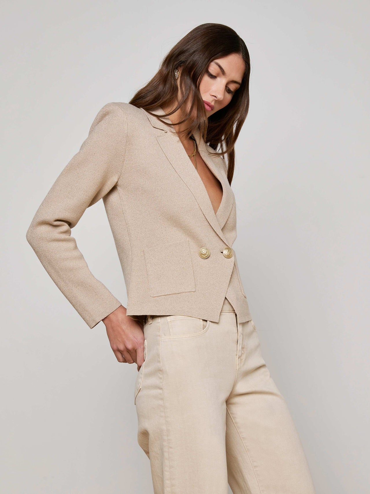 Sofia Knit Blazer in Pale Khaki/Gold | L'AGENCE US