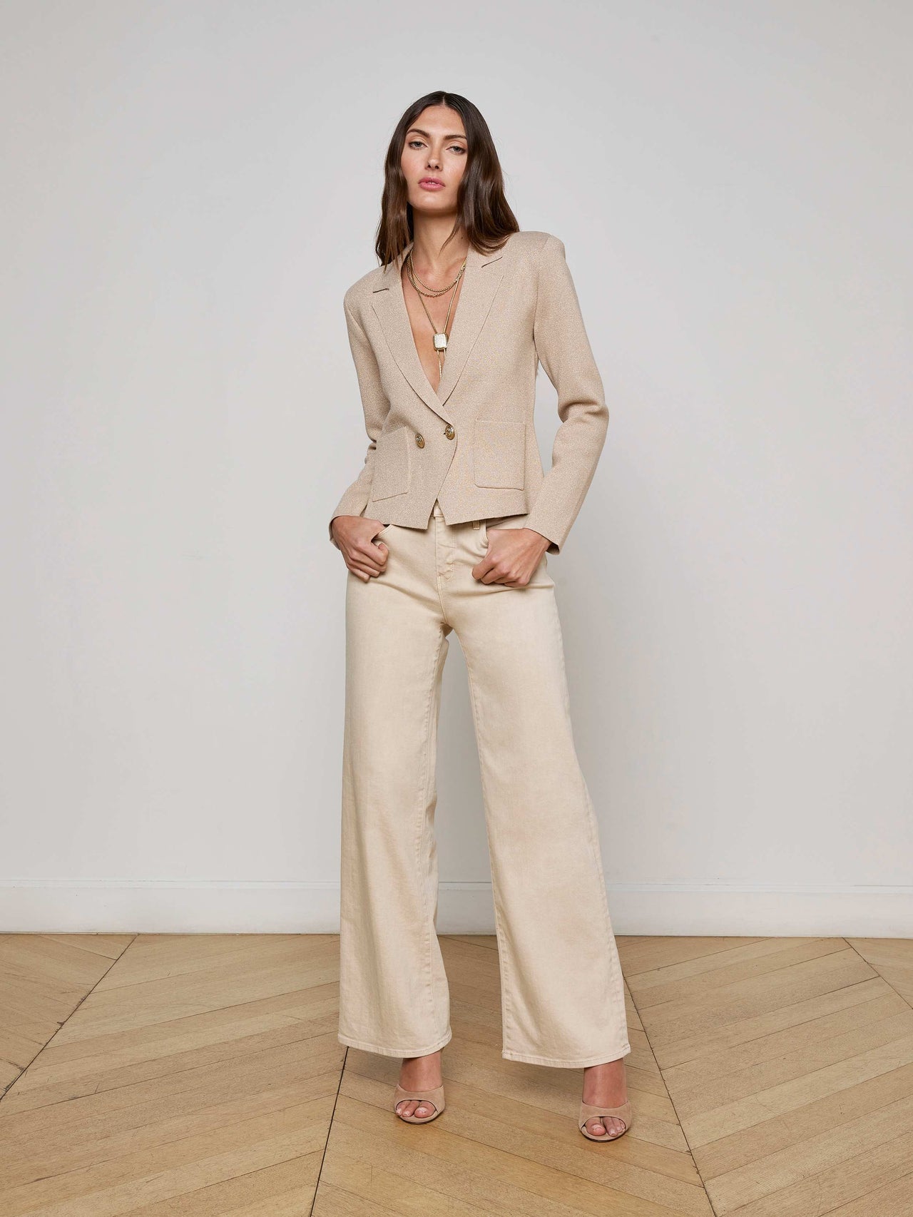 Sofia Knit Blazer in Pale Khaki/Gold | L'AGENCE US