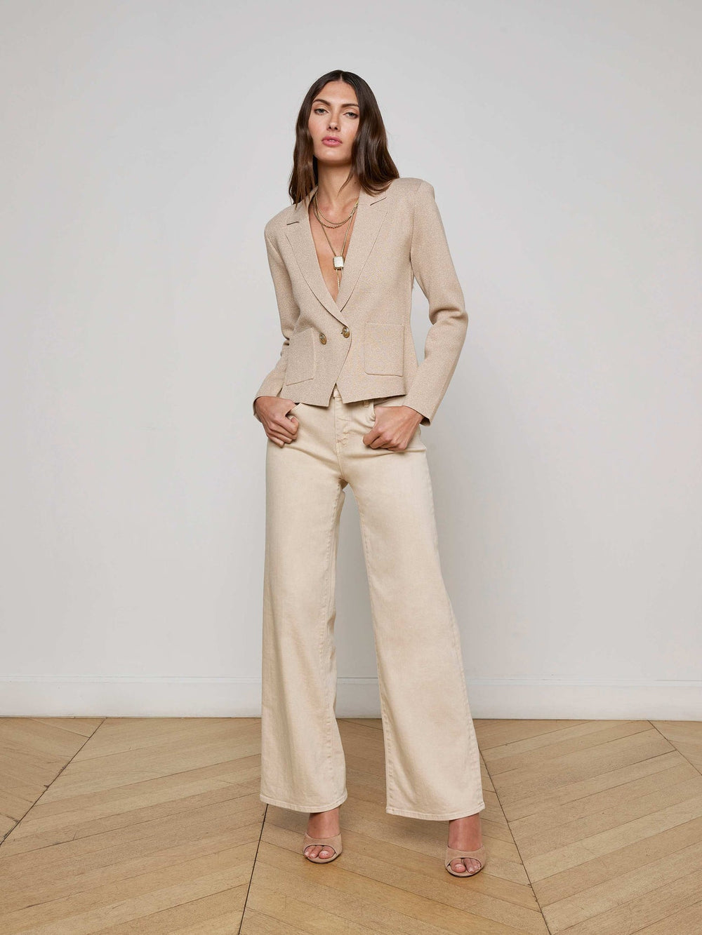 Sofia Knit Blazer in Pale Khaki/Gold | L'AGENCE US