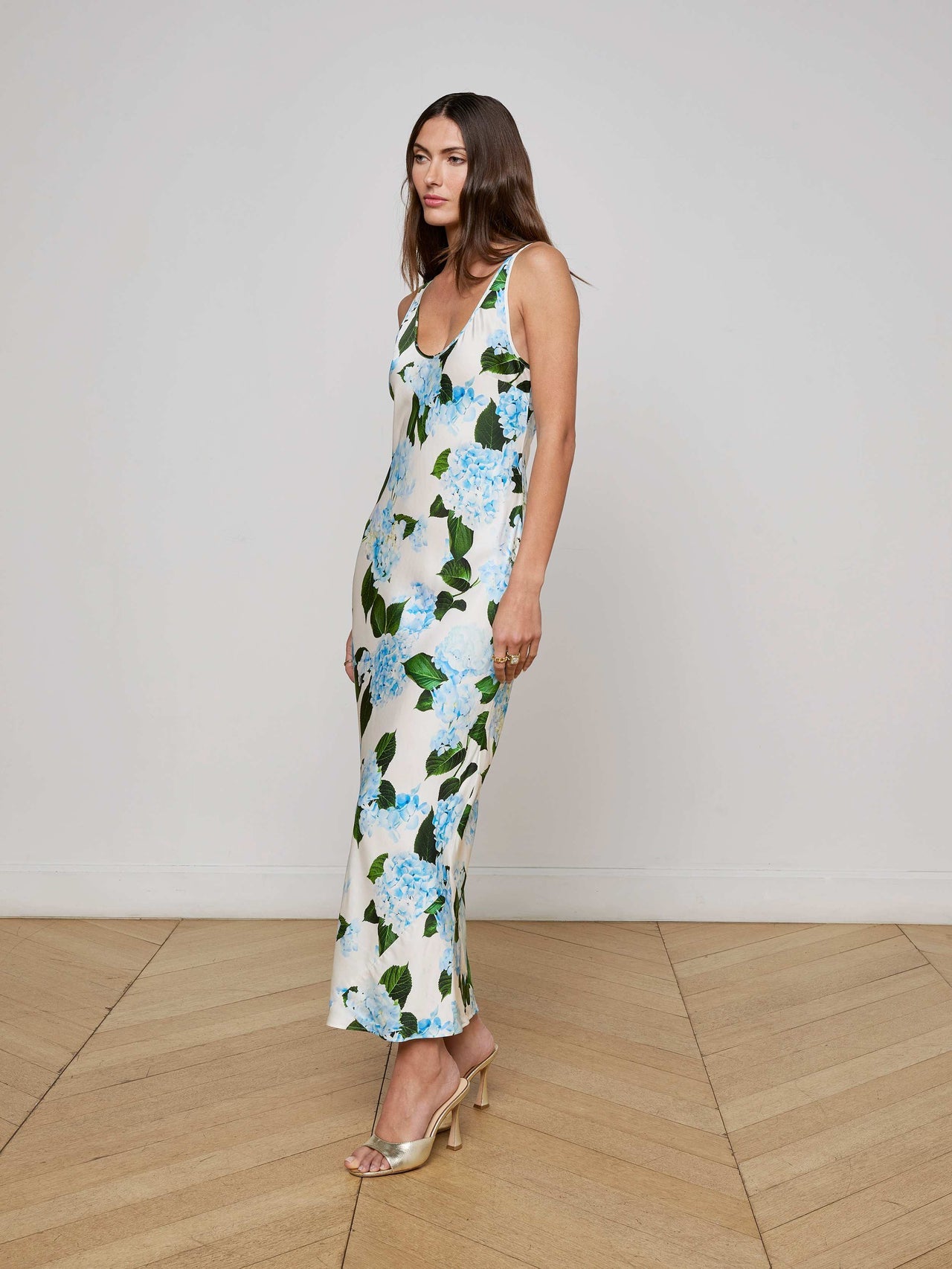 Akiya Satin Maxi Dress in Ivory/Light Blue Large Hydrangea | L'AGENCE discount
