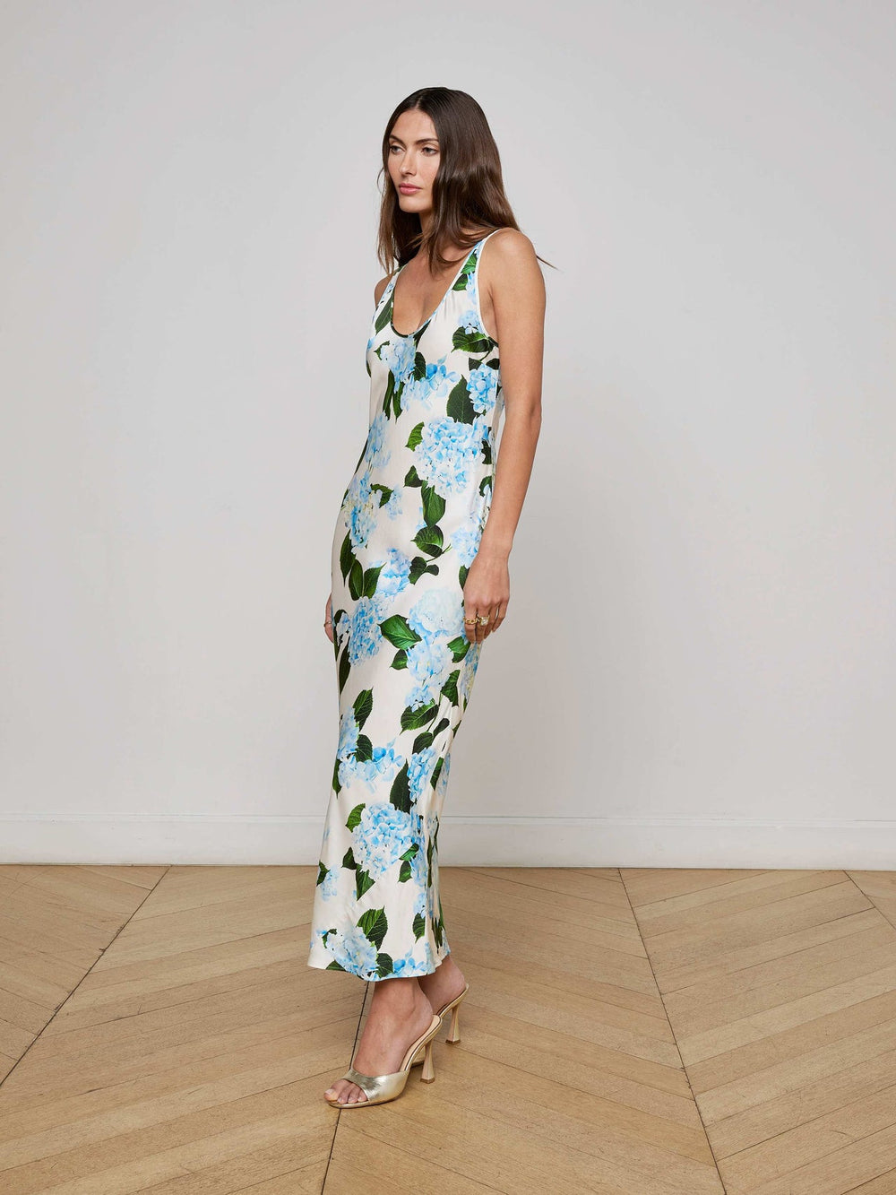 Akiya Satin Maxi Dress in Ivory/Light Blue Large Hydrangea | L'AGENCE discount