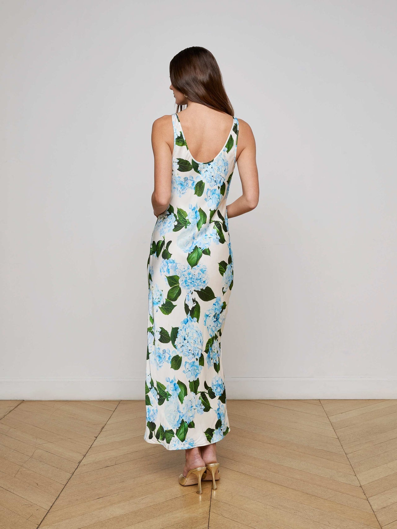 Akiya Satin Maxi Dress in Ivory/Light Blue Large Hydrangea | L'AGENCE discount