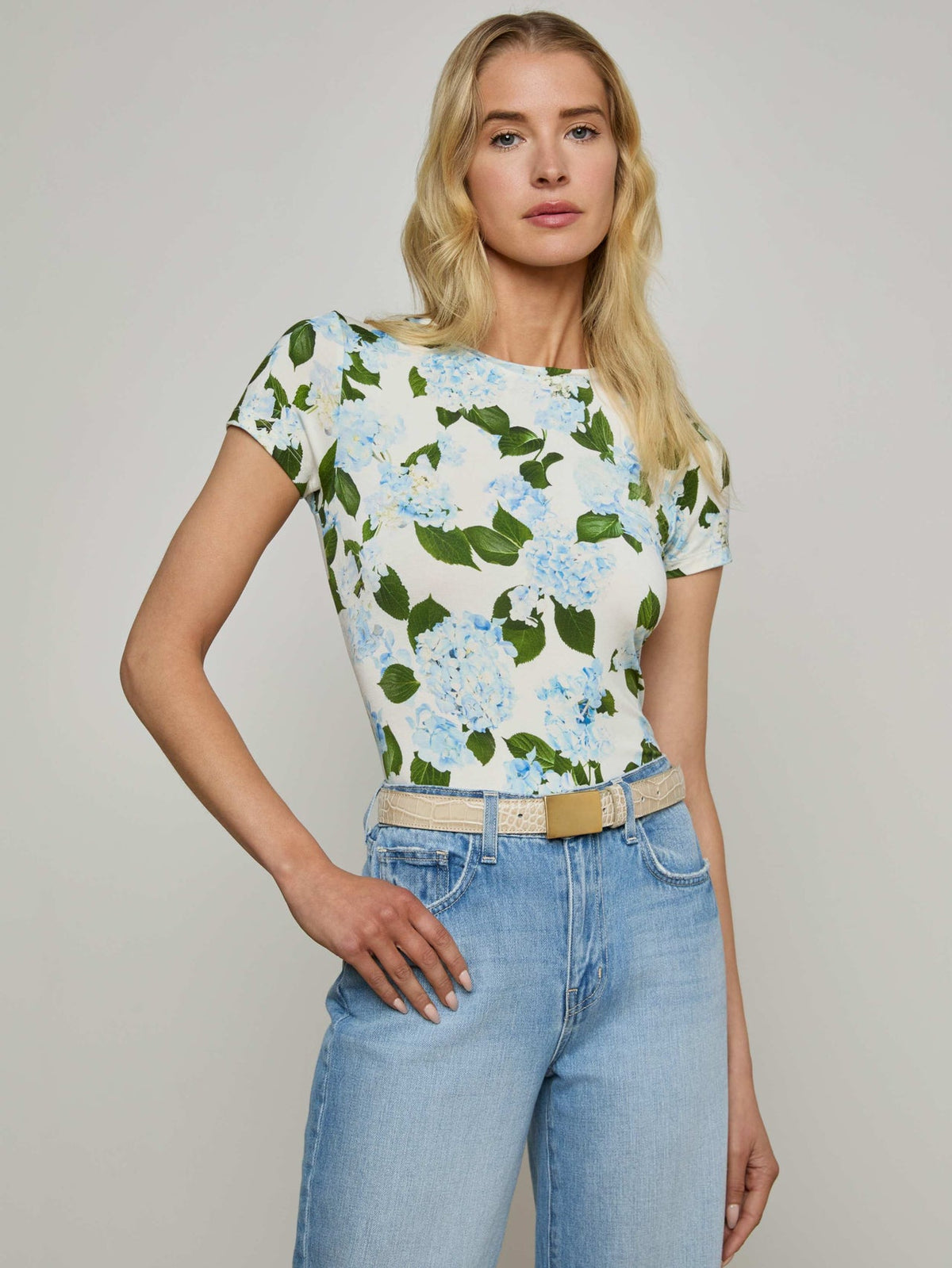 Ressi Fitted Tee in Ivory/Light Blue Hydrangea | L'AGENCE discount