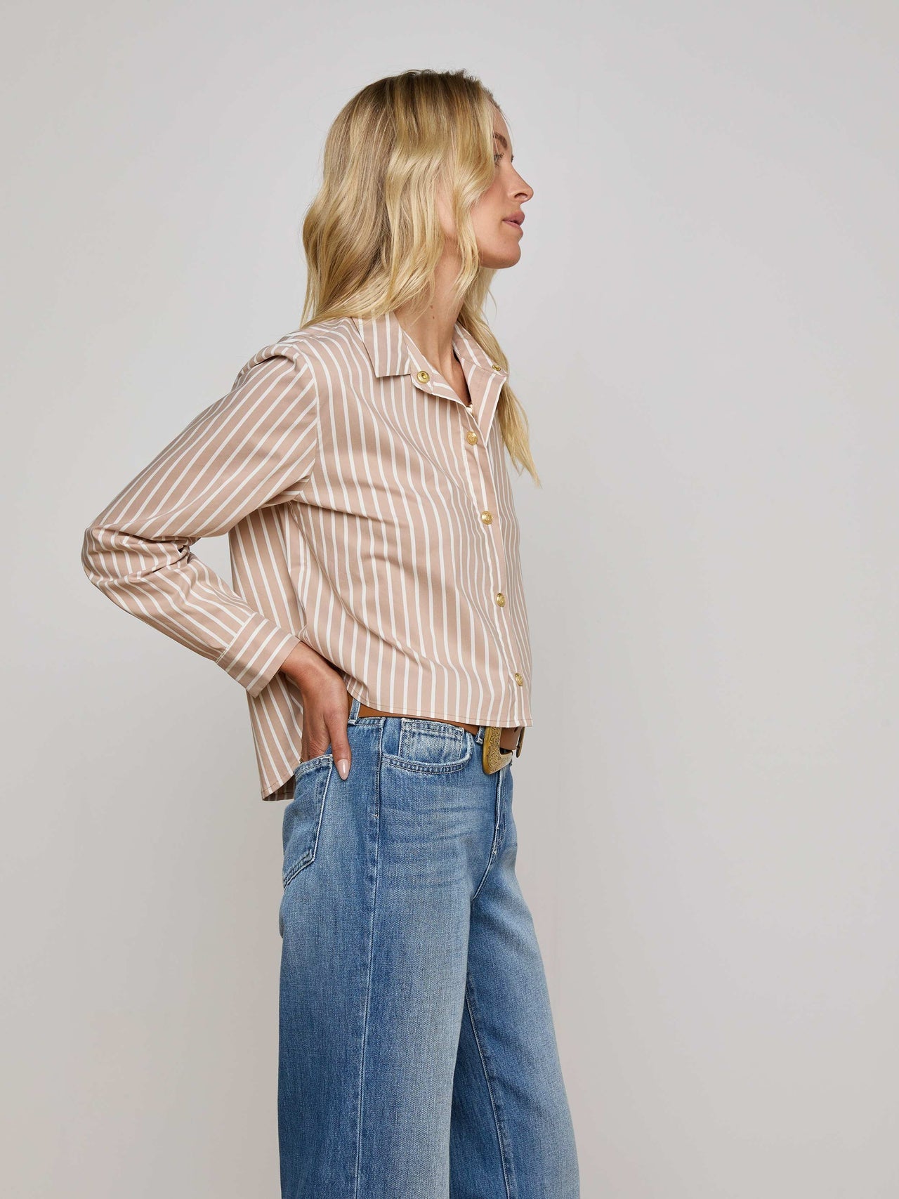 Cosette Shirt in Cappuccino/Ivory Uneven Stripe | L'AGENCE for sale