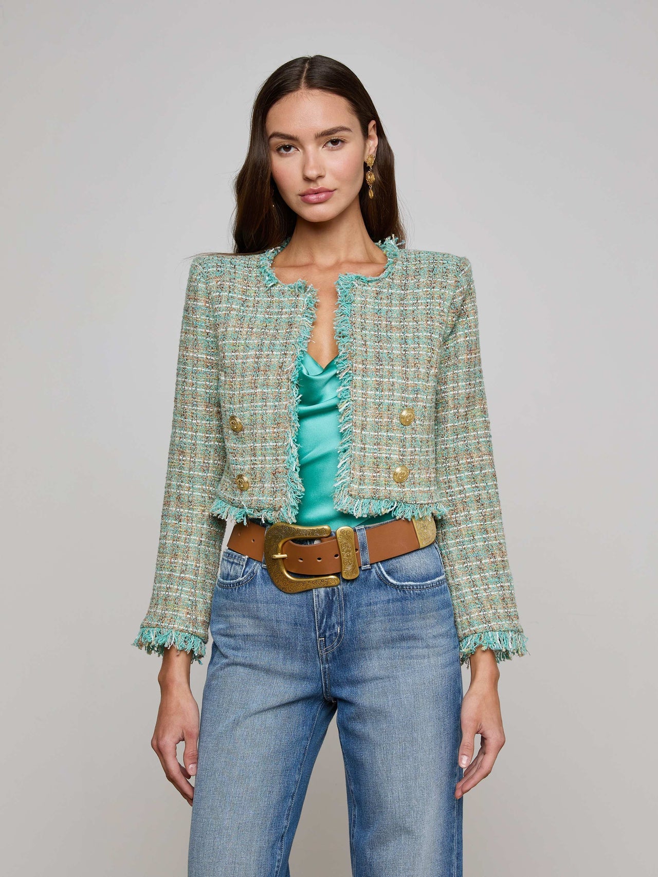 Clydie Cropped Tweed Jacket in Lagoon/Light Brown Tweed | L'AGENCE online