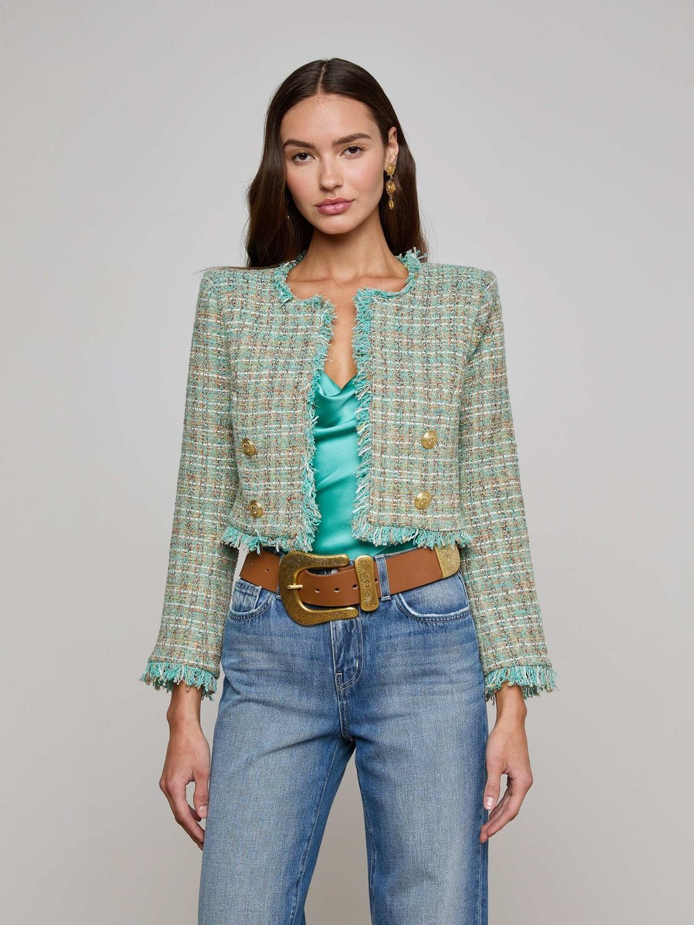 Clydie Cropped Tweed Jacket in Lagoon/Light Brown Tweed | L'AGENCE online