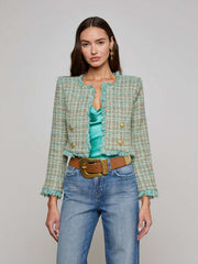 Clydie Cropped Tweed Jacket in Lagoon/Light Brown Tweed | L'AGENCE online