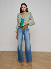 Clydie Cropped Tweed Jacket in Lagoon/Light Brown Tweed | L'AGENCE online