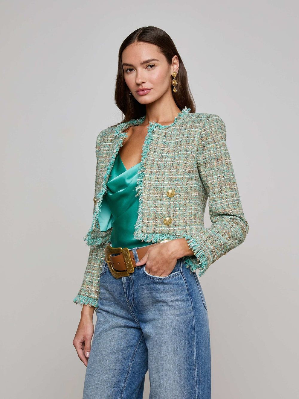 Clydie Cropped Tweed Jacket in Lagoon/Light Brown Tweed | L'AGENCE online