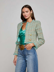 Clydie Cropped Tweed Jacket in Lagoon/Light Brown Tweed | L'AGENCE online