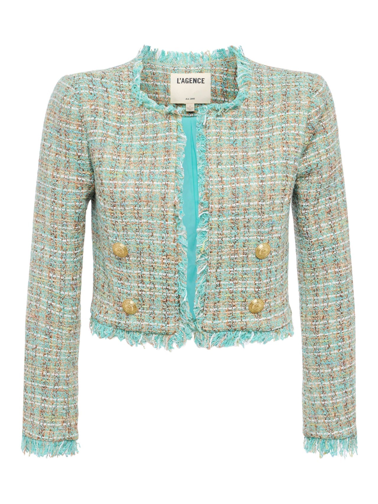 Clydie Cropped Tweed Jacket in Lagoon/Light Brown Tweed | L'AGENCE online