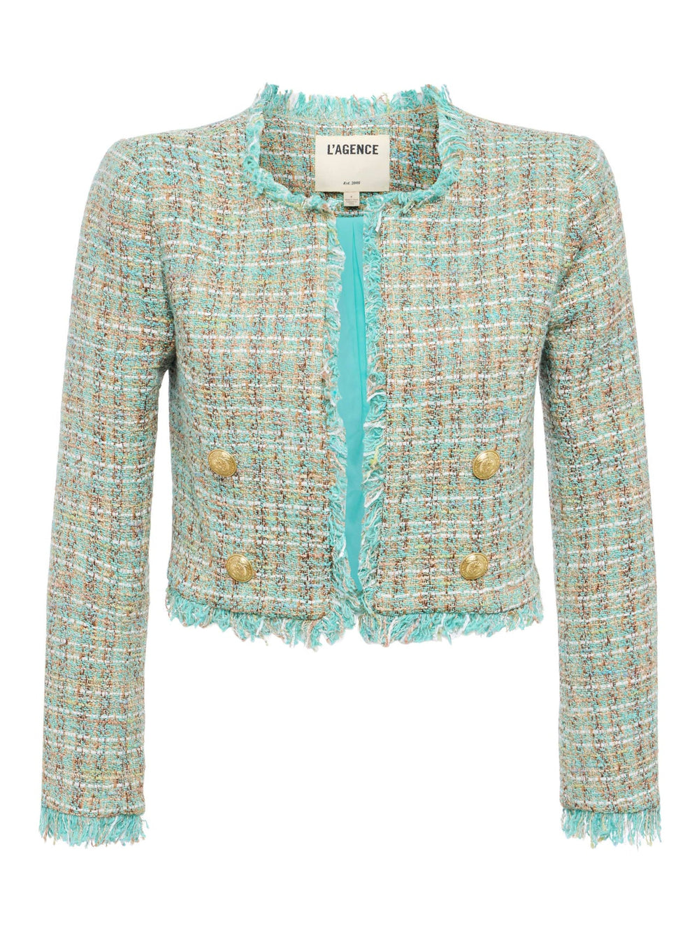 Clydie Cropped Tweed Jacket in Lagoon/Light Brown Tweed | L'AGENCE online