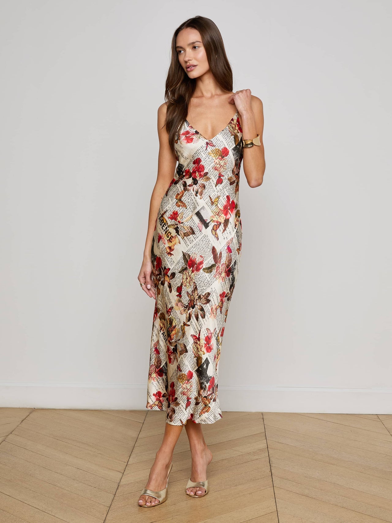 Seridie Silk Slip Dress in Multi Butterfly Rose Newspaper | L'AGENCE online