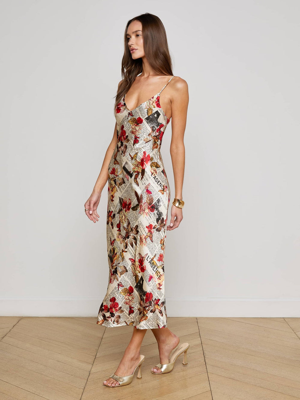 Seridie Silk Slip Dress in Multi Butterfly Rose Newspaper | L'AGENCE online