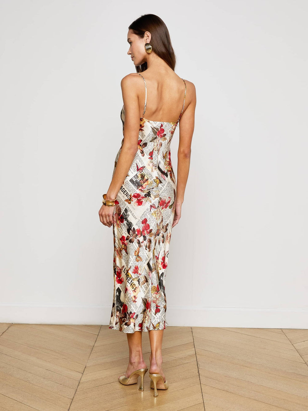 Seridie Silk Slip Dress in Multi Butterfly Rose Newspaper | L'AGENCE online
