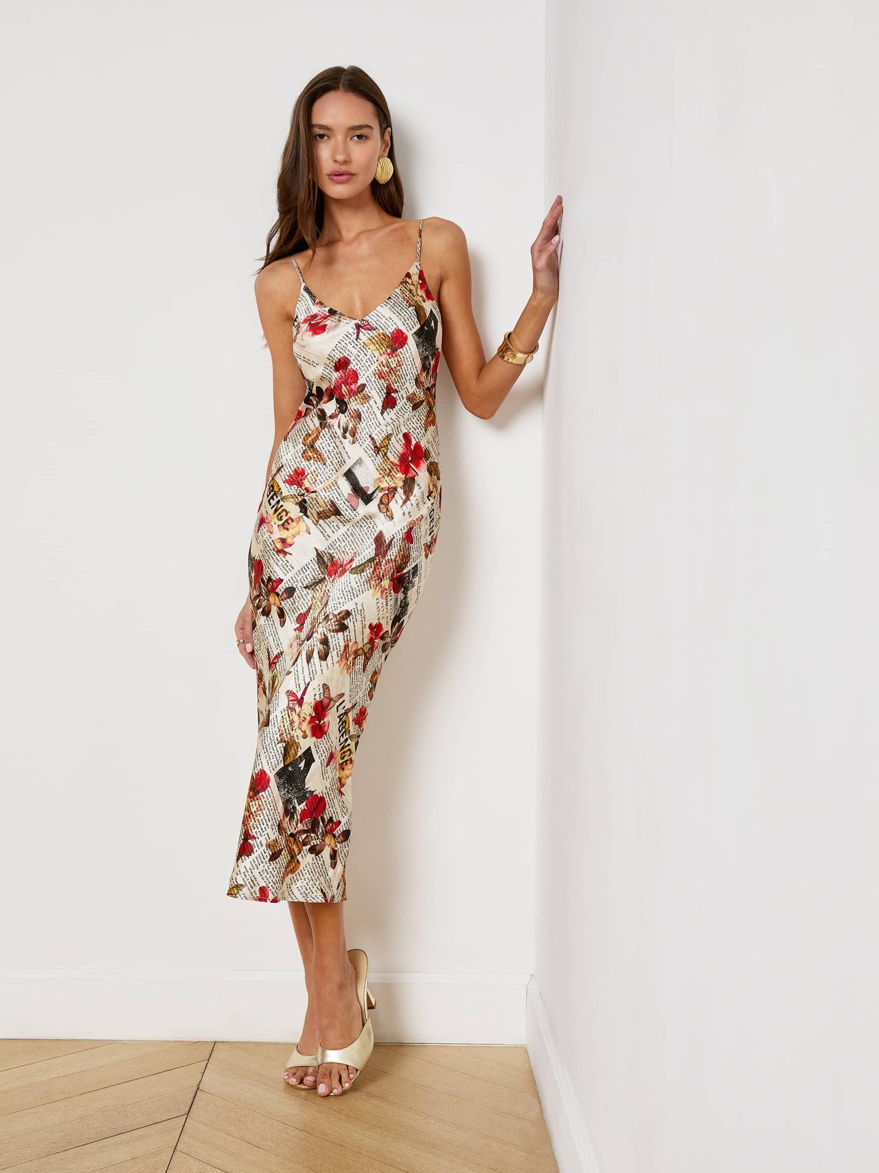 Seridie Silk Slip Dress in Multi Butterfly Rose Newspaper | L'AGENCE online