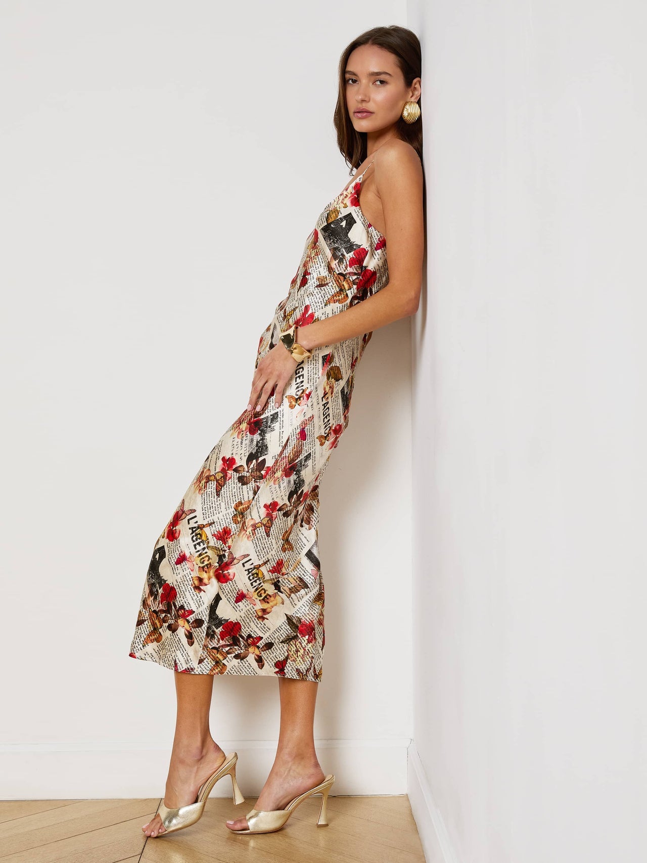 Seridie Silk Slip Dress in Multi Butterfly Rose Newspaper | L'AGENCE online