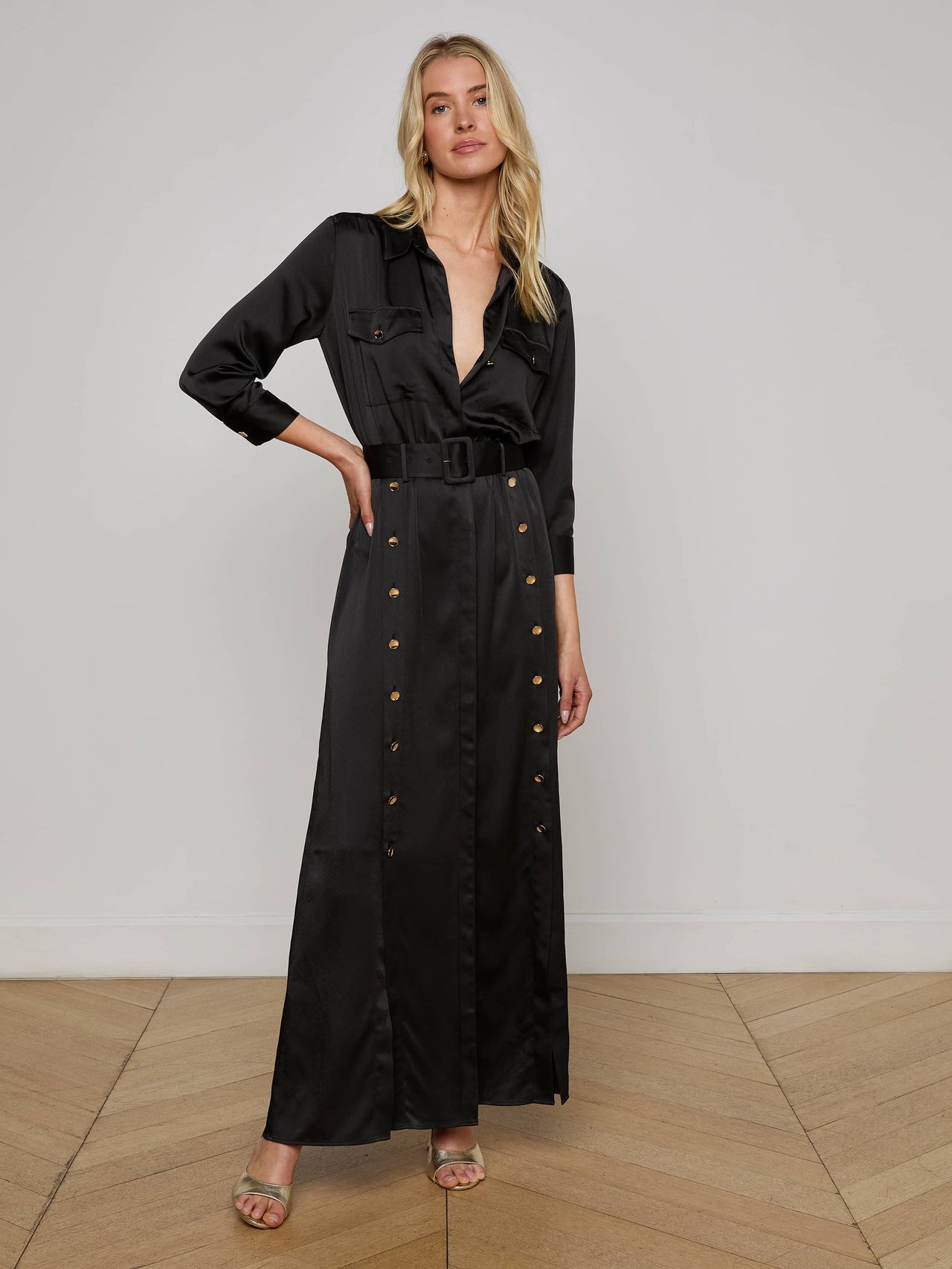 Uriah Satin Maxi Shirt Dress in Black | L'AGENCE discount