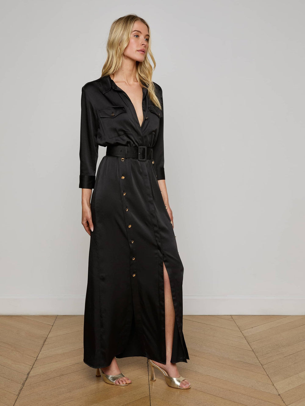 Uriah Satin Maxi Shirt Dress in Black | L'AGENCE discount