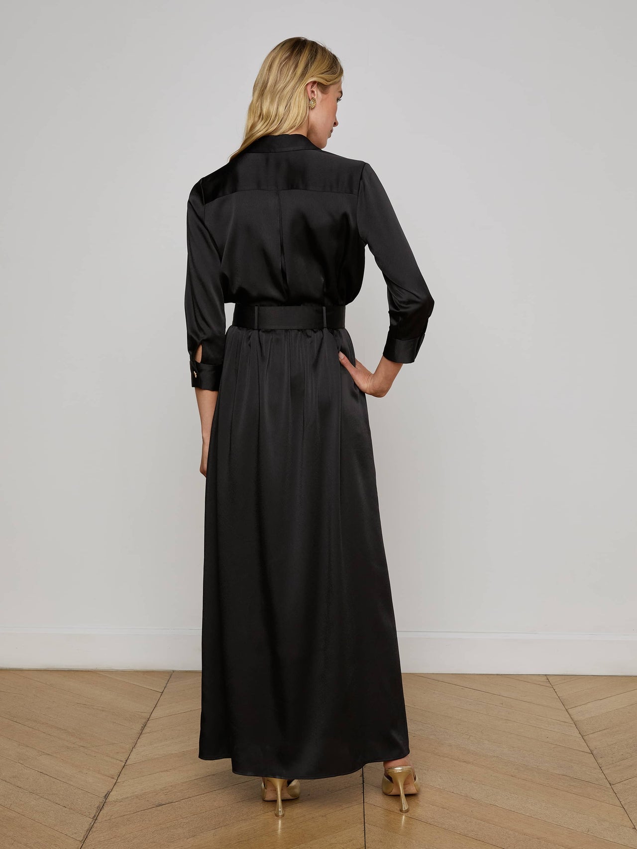 Uriah Satin Maxi Shirt Dress in Black | L'AGENCE discount
