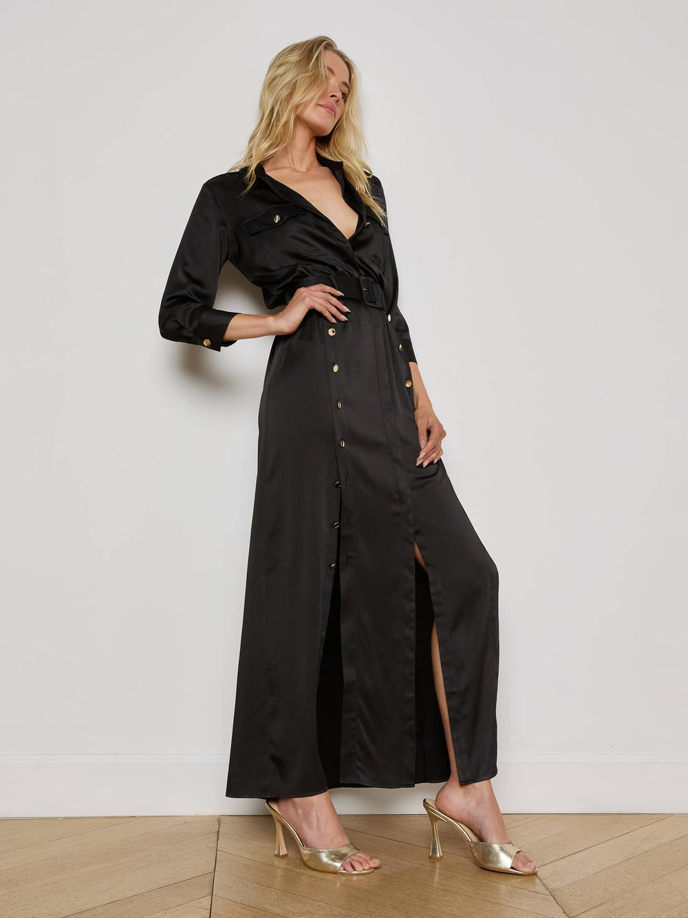 Uriah Satin Maxi Shirt Dress in Black | L'AGENCE discount
