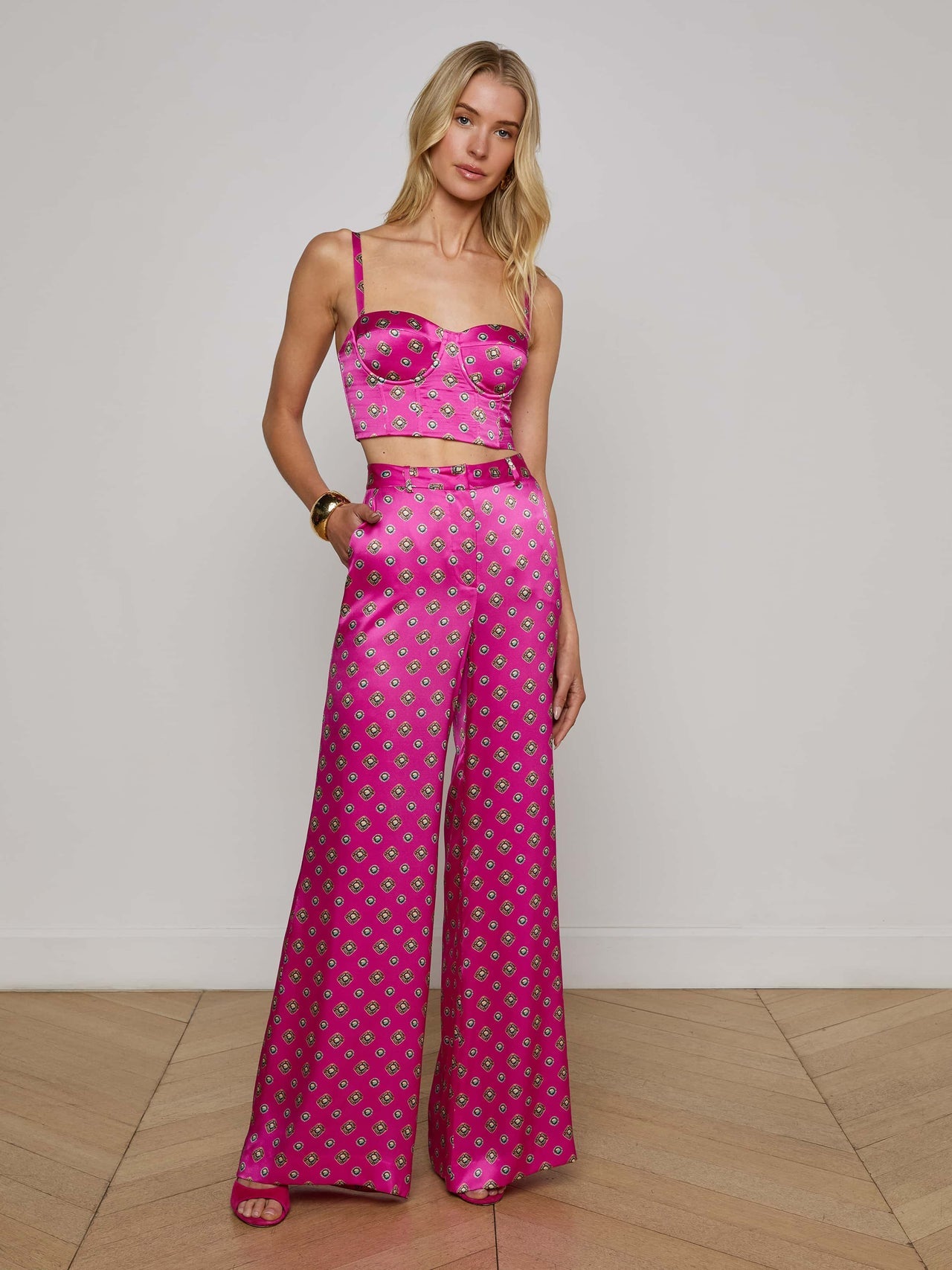 Fuchsia Pilar Silk Wide-Leg Pant in Turquoise Southwestern Geo | L'AGENCE online