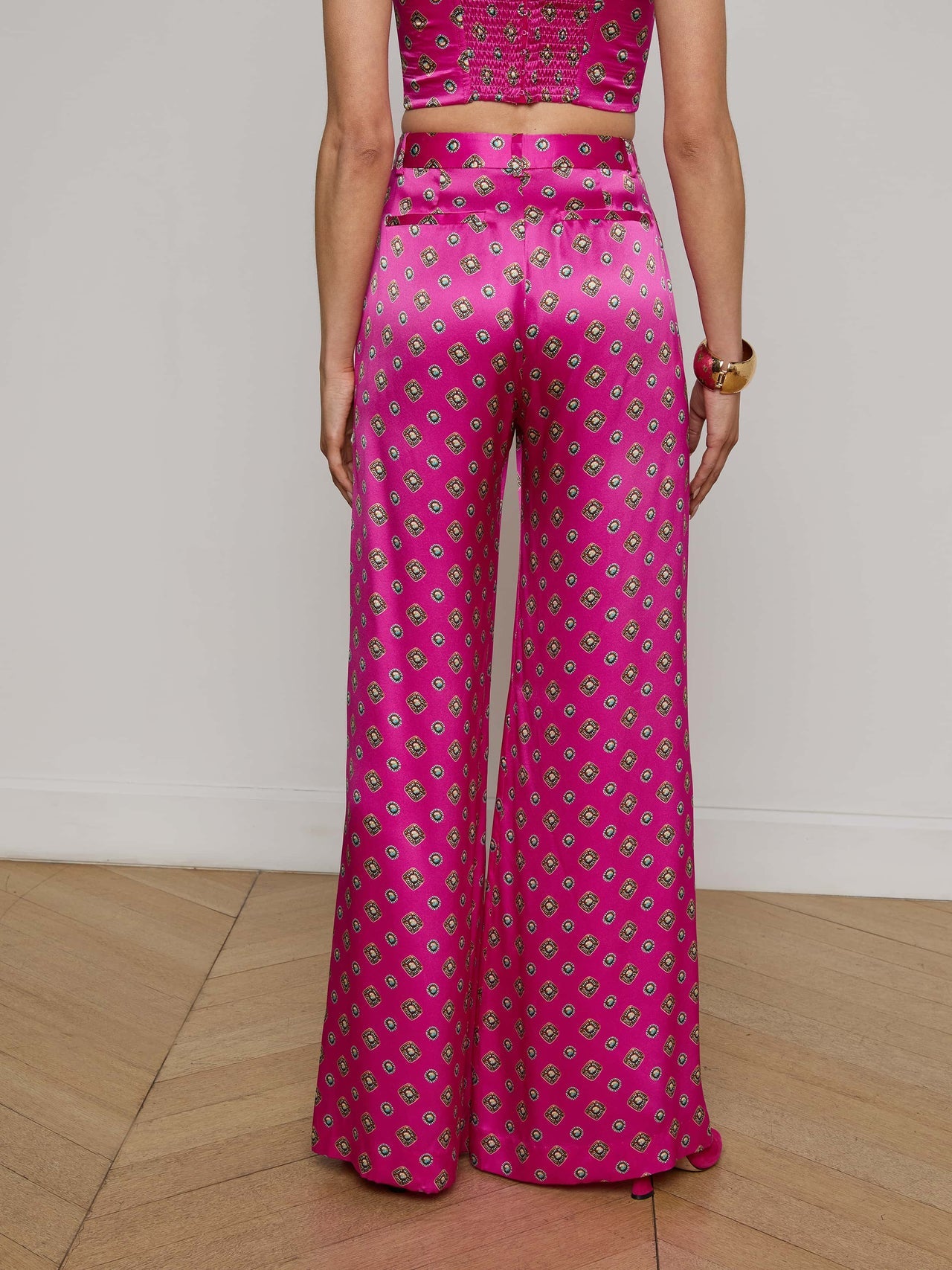 Fuchsia Pilar Silk Wide-Leg Pant in Turquoise Southwestern Geo | L'AGENCE online
