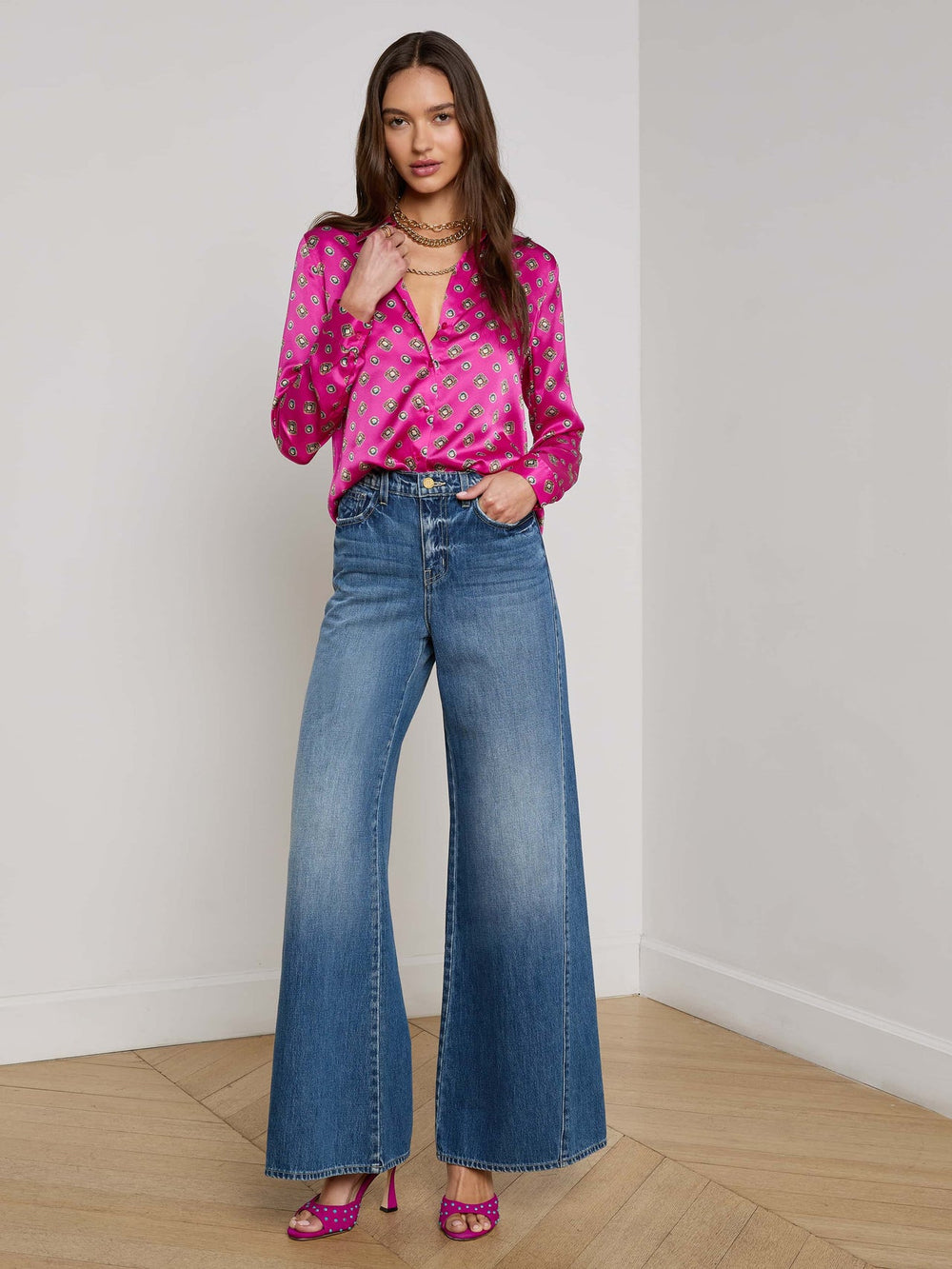 Tyler Silk Blouse in Fuchsia/Turquoise Southwestern Geo | L'AGENCE sale
