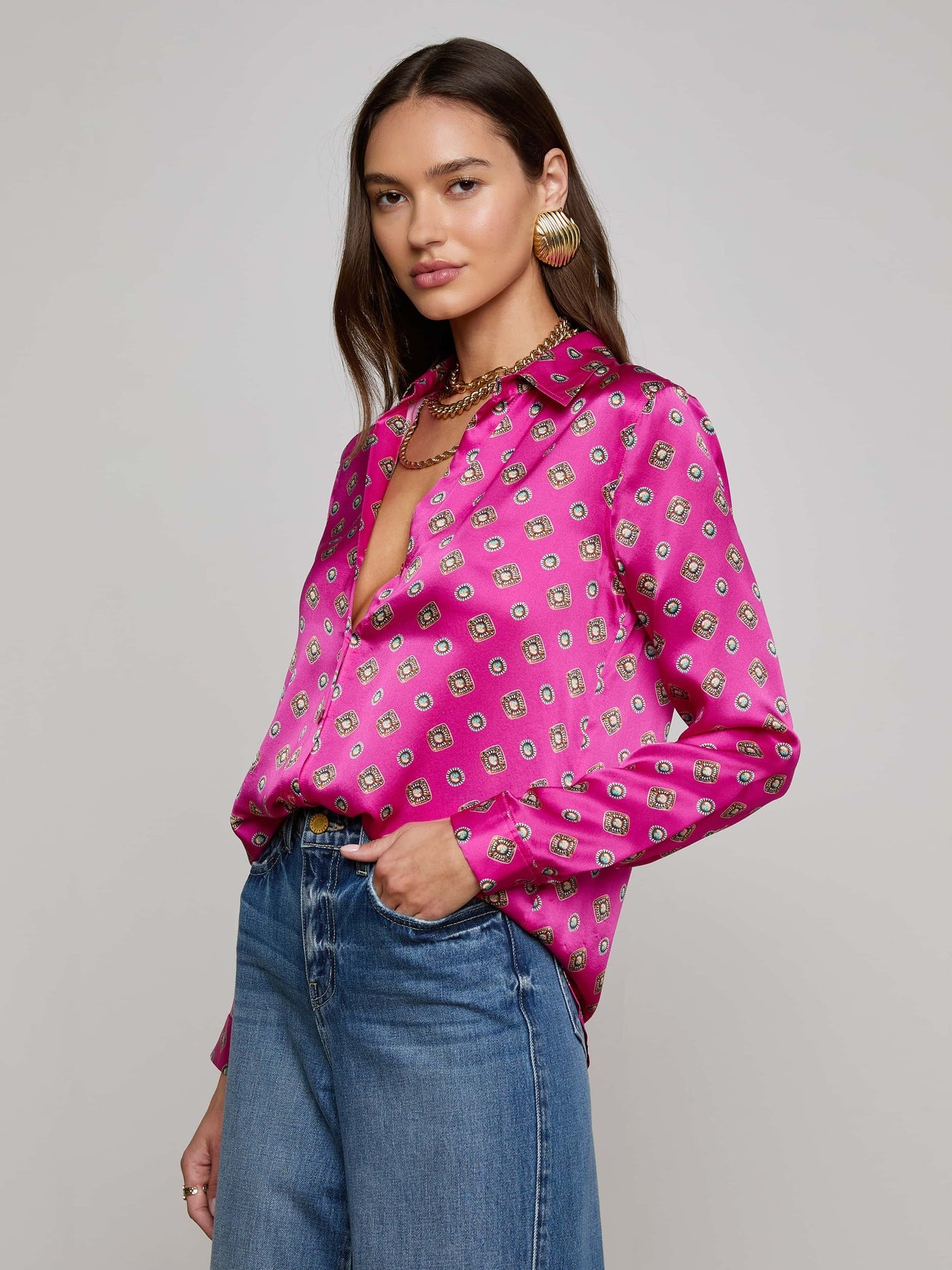Tyler Silk Blouse in Fuchsia/Turquoise Southwestern Geo | L'AGENCE sale