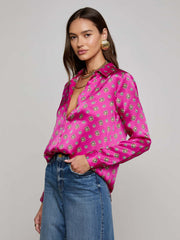 Tyler Silk Blouse in Fuchsia/Turquoise Southwestern Geo | L'AGENCE sale